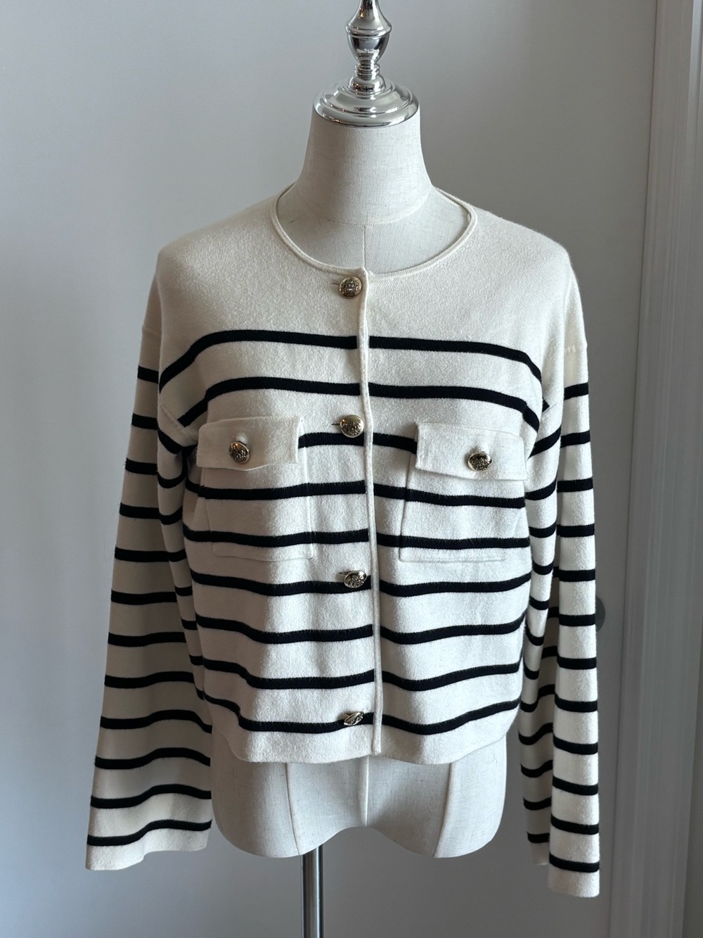 Massimo Dutti Ivory and Black Striped Button Cardigan